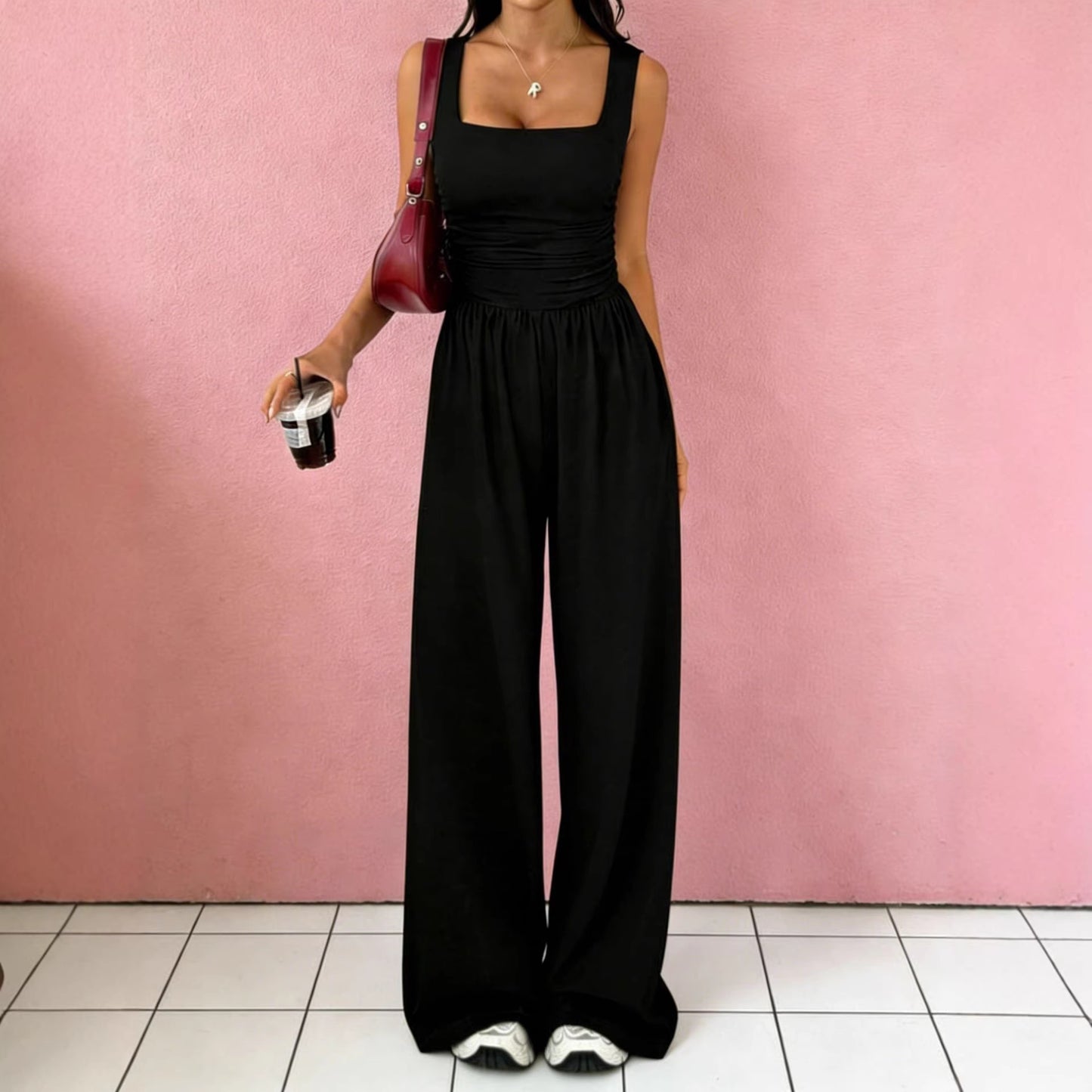 Solid-Color Sexy Tank Top Casual Wide-Leg Pants Two-Piece Set