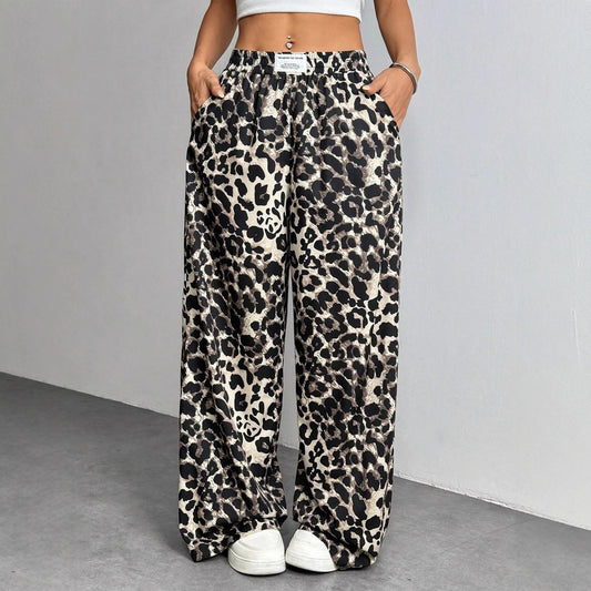 Loose-fitting Casual Pants With A Printed Leopard Pattern And An Elastic Waistband